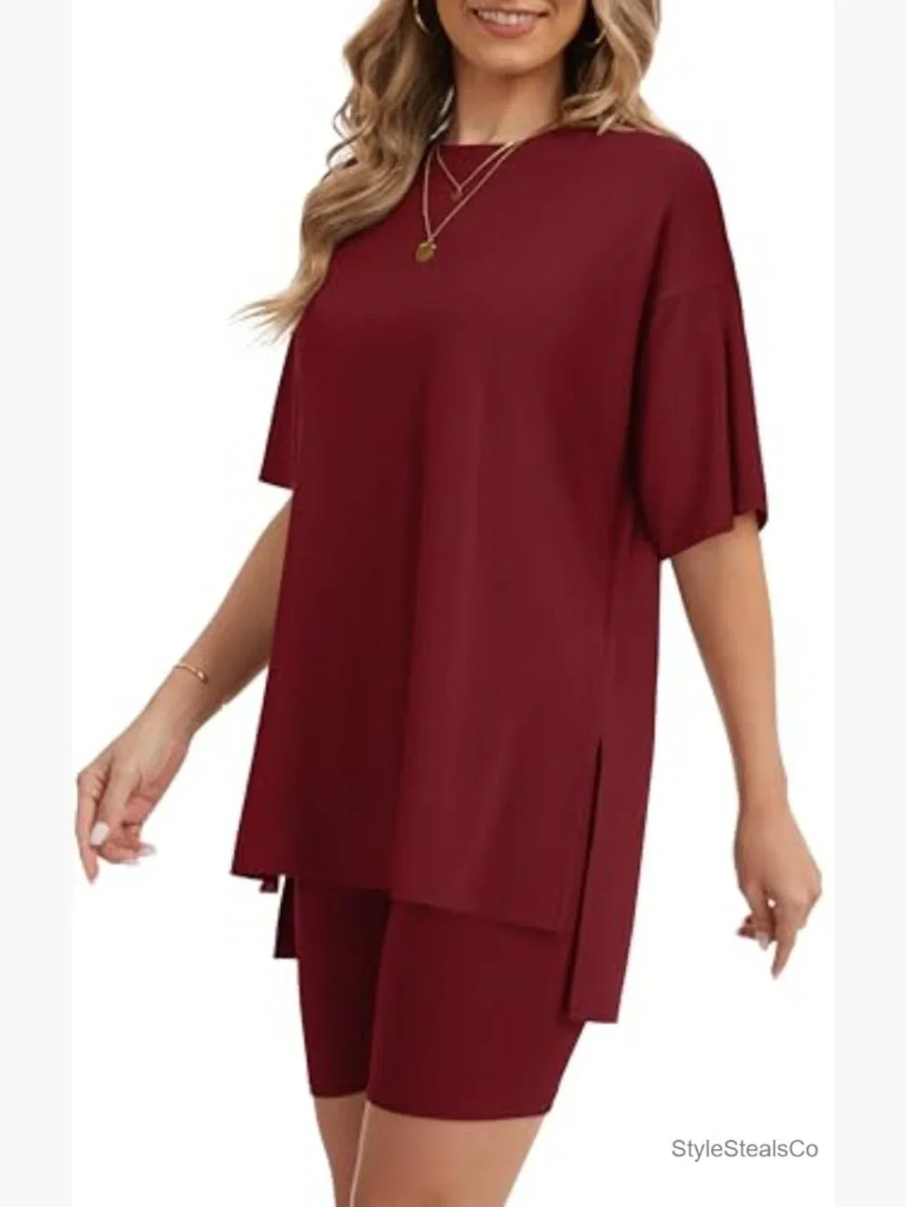 2 Piece Lounge Set Oversized Shirt Biker Shorts Matching Outfit